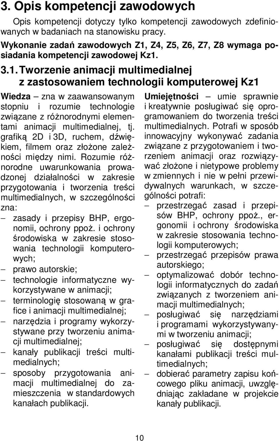 Z4, Z5, Z6, Z7, Z8 wymaga posiadania kompetencji zawodowej Kz1.