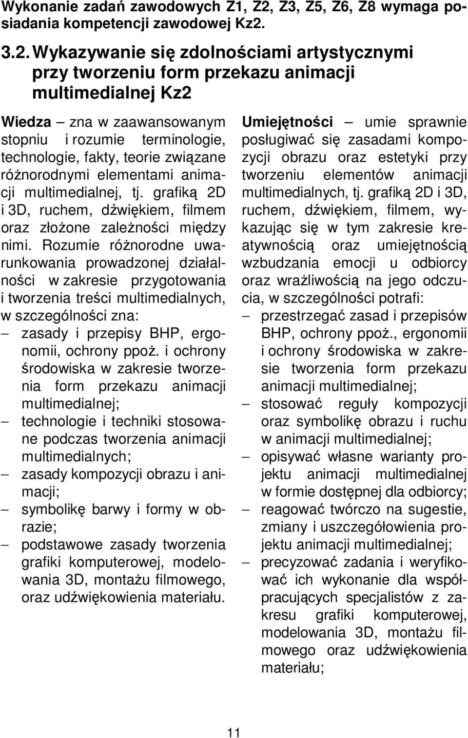 3.2. Wykazywanie się zdolnościami artystycznymi przy tworzeniu form przekazu animacji multimedialnej Kz2 Wiedza zna w zaawansowanym stopniu i rozumie terminologie, technologie, fakty, teorie związane