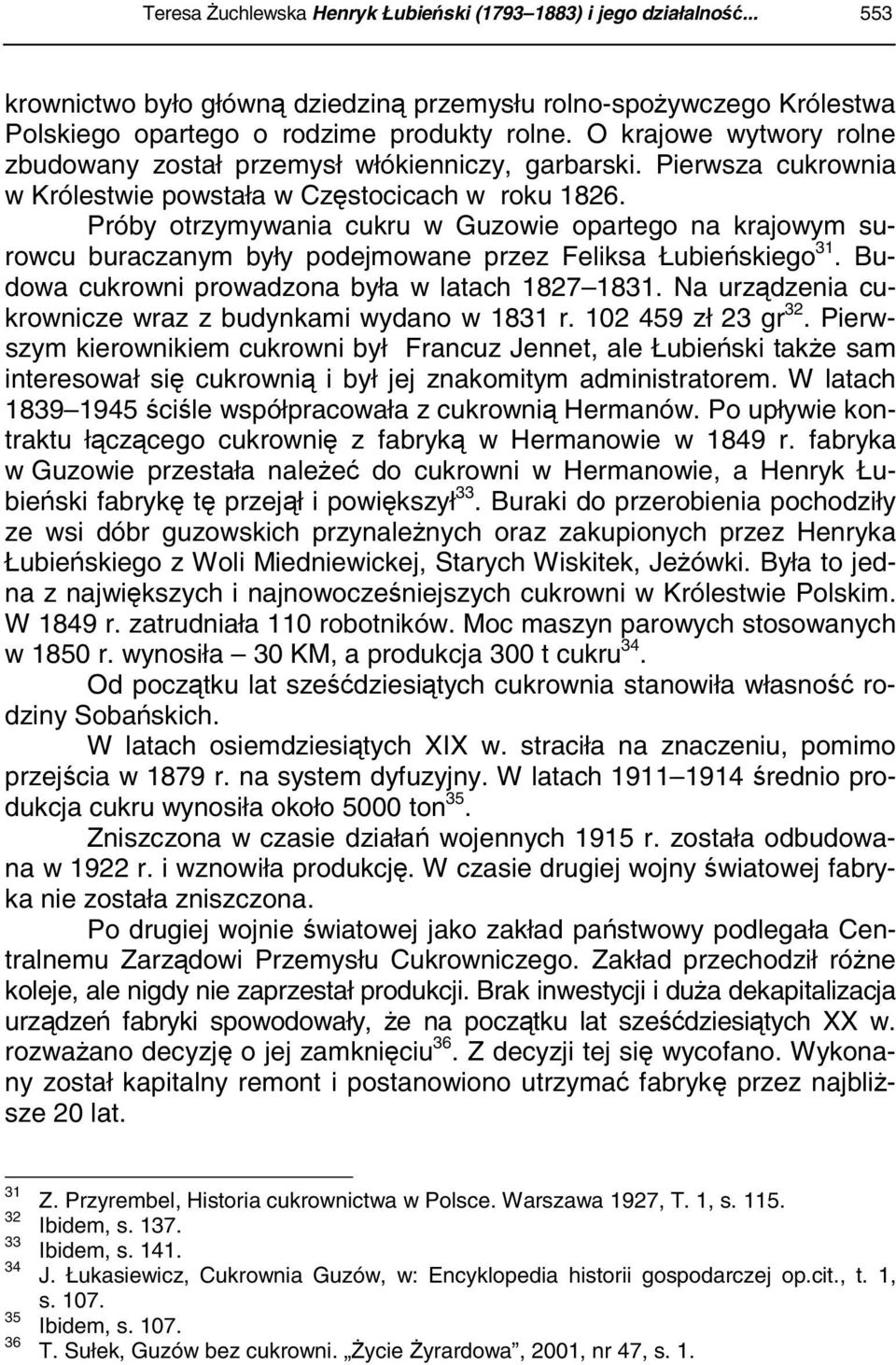 Próby otrzymywania cukru w Guzowie opartego na krajowym surowcu buraczanym były podejmowane przez Feliksa Łubieńskiego 31. Budowa cukrowni prowadzona była w latach 1827 1831.