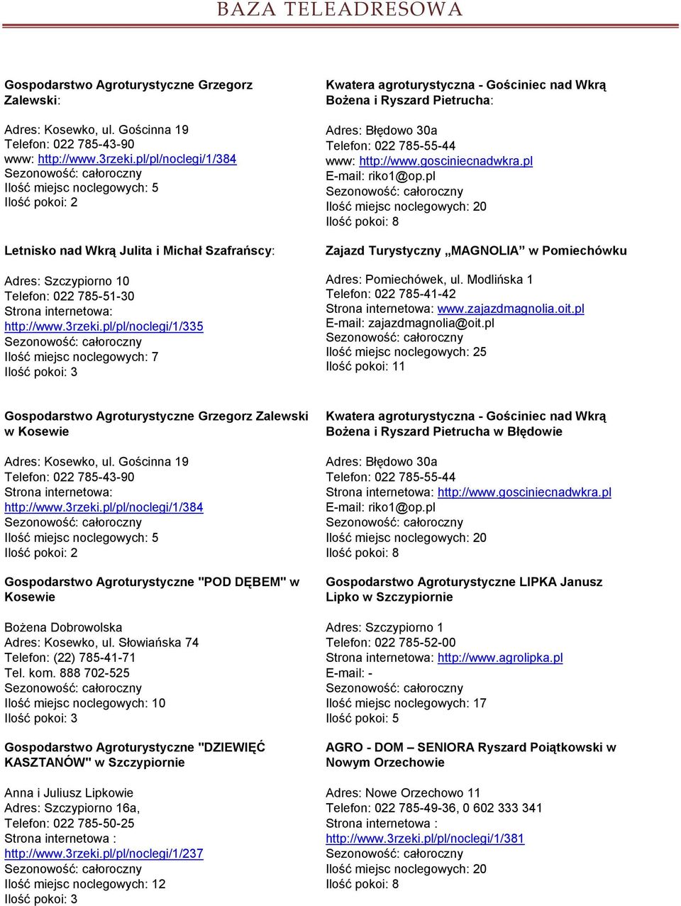 pl/pl/noclegi/1/335 Ilość miejsc noclegowych: 7 Ilość pokoi: 3 Kwatera agroturystyczna - Gościniec nad Wkrą Bożena i Ryszard Pietrucha: Adres: Błędowo 30a Telefon: 022 785-55-44 www: http://www.