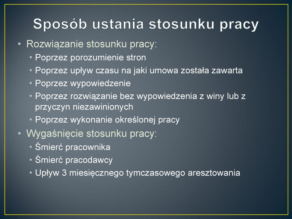 winy lub z przyczyn niezawinionych Poprzez wykonanie określonej pracy Wygaśnięcie