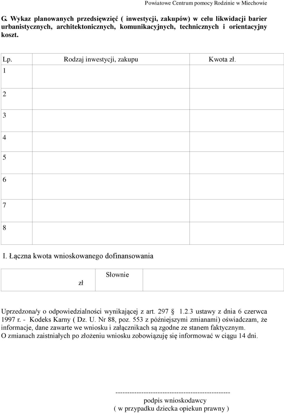 Rodzaj inwestycji, zakupu Kwota zł. 1 2 3 4 5 6 7 8 I. Łączna kwota wnioskowanego dofinansowania zł Słownie Uprzedzona/y o odpowiedzialności wynikającej z art. 297 1.2.3 ustawy z dnia 6 czerwca 1997 r.