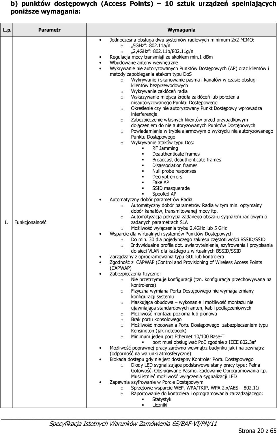 1 dbm Wbudwane anteny wewnętrzne Wykrywanie nie autryzwanych Punktów Dstępwych (AP) raz klientów i metdy zapbiegania atakm typu DS Wykrywanie i skanwanie pasma i kanałów w czasie bsługi klientów