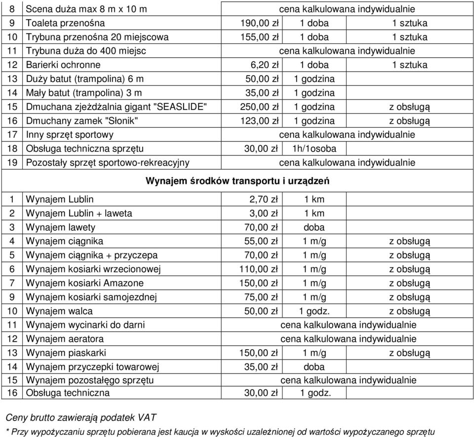 gigant "SEASLIDE" 250,00 zł 1 godzina z obsługą 16 Dmuchany zamek "Słonik" 123,00 zł 1 godzina z obsługą 17 Inny sprzęt sportowy cena kalkulowana indywidualnie 18 Obsługa techniczna sprzętu 30,00 zł