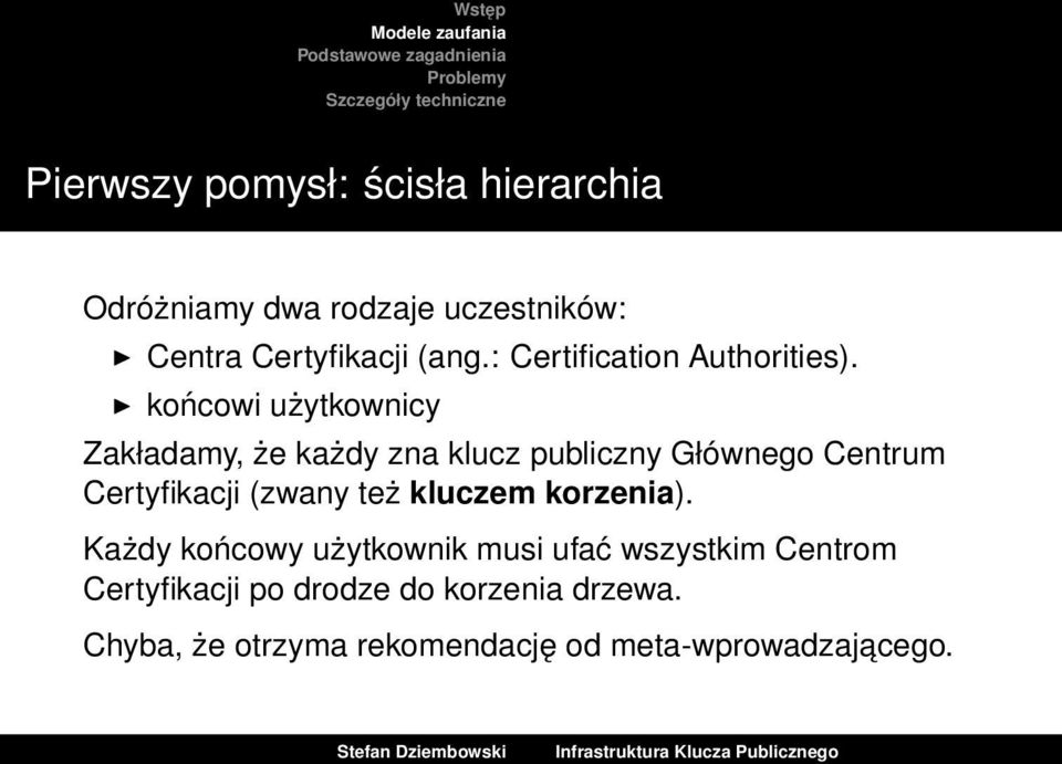 końcowi użytkownicy Zakładamy, że każdy zna klucz publiczny Głównego Centrum Certyfikacji (zwany