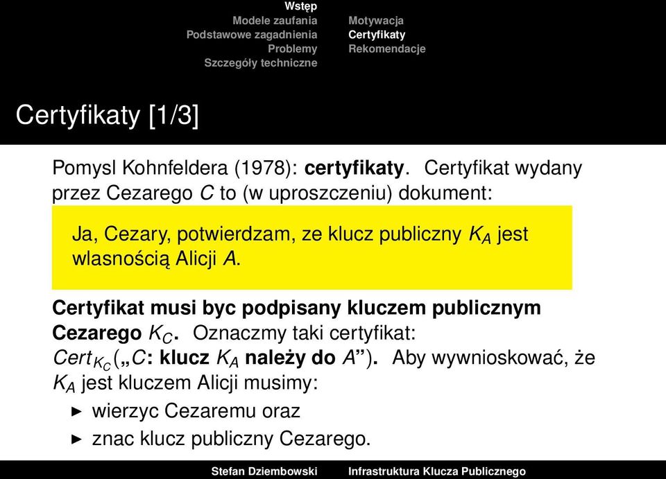 jest wlasnościa Alicji A. Certyfikat musi byc podpisany kluczem publicznym Cezarego K C.