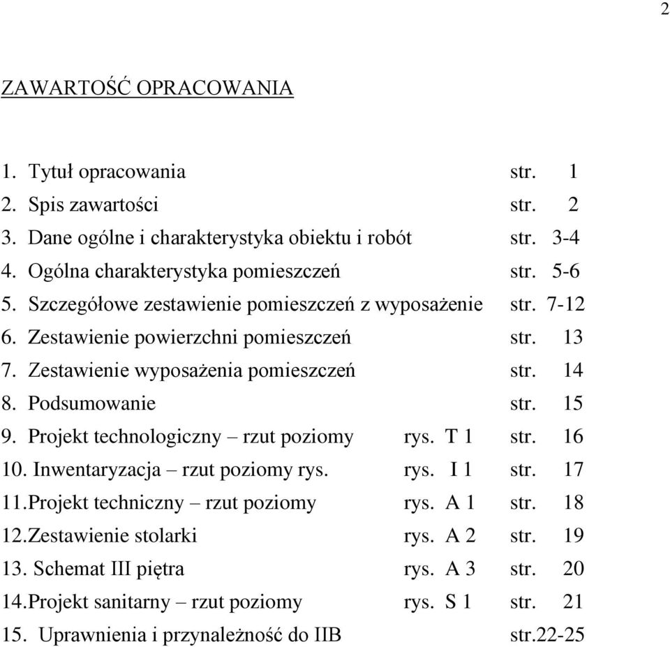 Podsumowanie str. 15 9. Projekt technologiczny rzut poziomy rys. T 1 str. 16 10. Inwentaryzacja rzut poziomy rys. rys. I 1 str. 17 11. Projekt techniczny rzut poziomy rys.