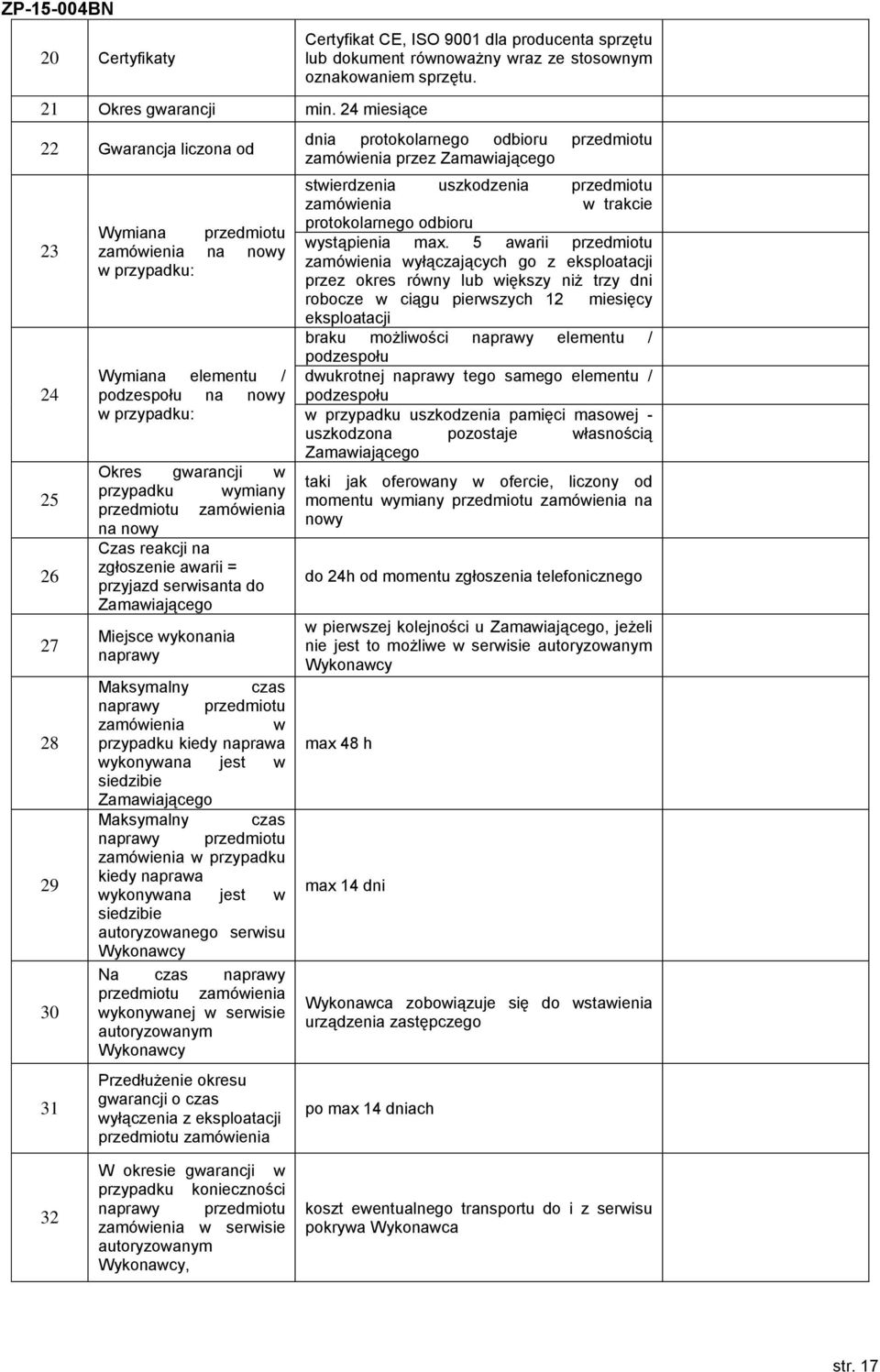 wymiany przedmiotu zamówienia na nowy Czas reakcji na zgłoszenie awarii = przyjazd serwisanta do Zamawiającego Miejsce wykonania naprawy Maksymalny czas naprawy przedmiotu zamówienia w przypadku