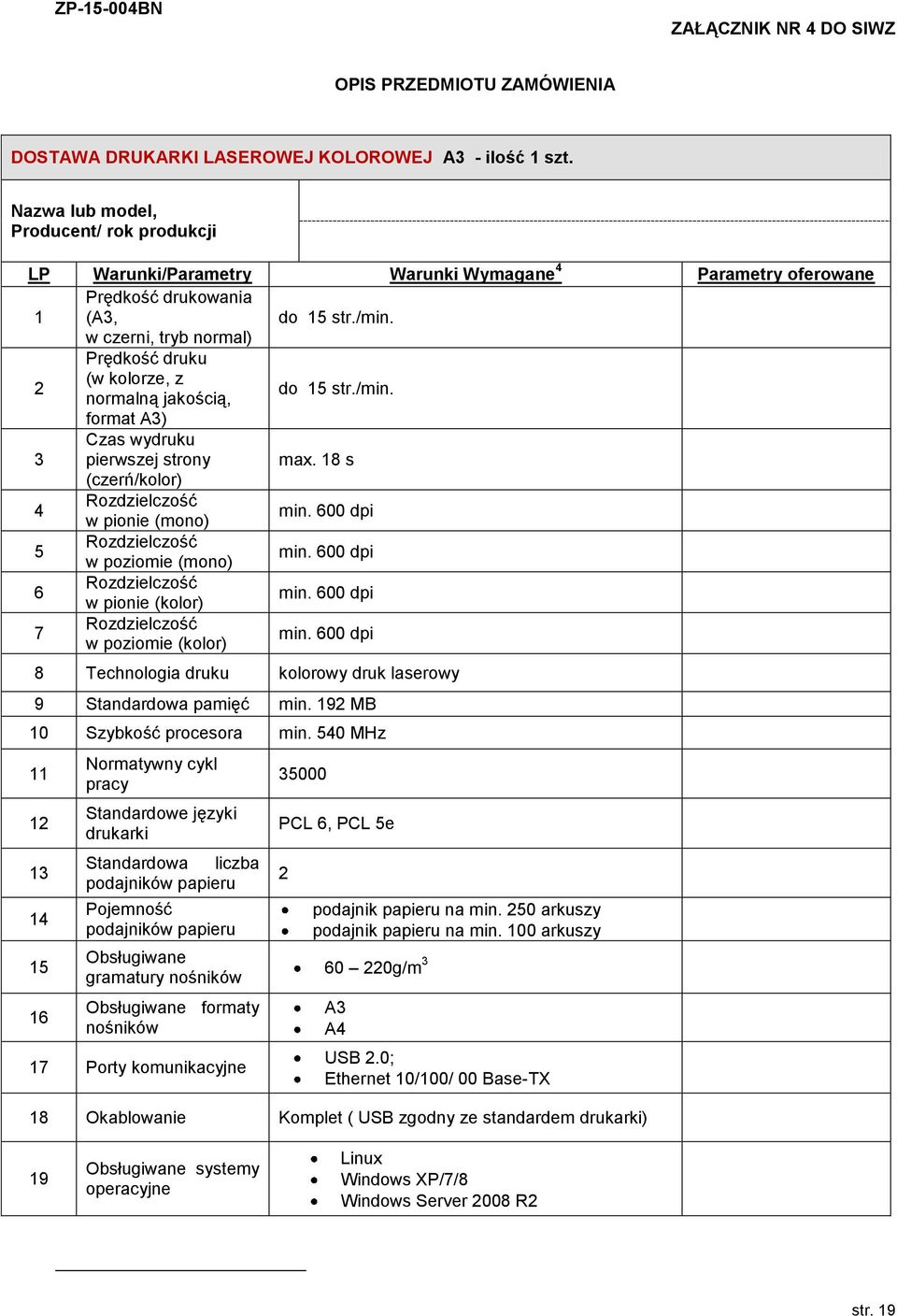 w czerni, tryb normal) 2 Prędkość druku (w kolorze, z normalną jakością, do 15 str./min. format A3) 3 Czas wydruku pierwszej strony max. 18 s (czerń/kolor) 4 Rozdzielczość w pionie (mono) min.