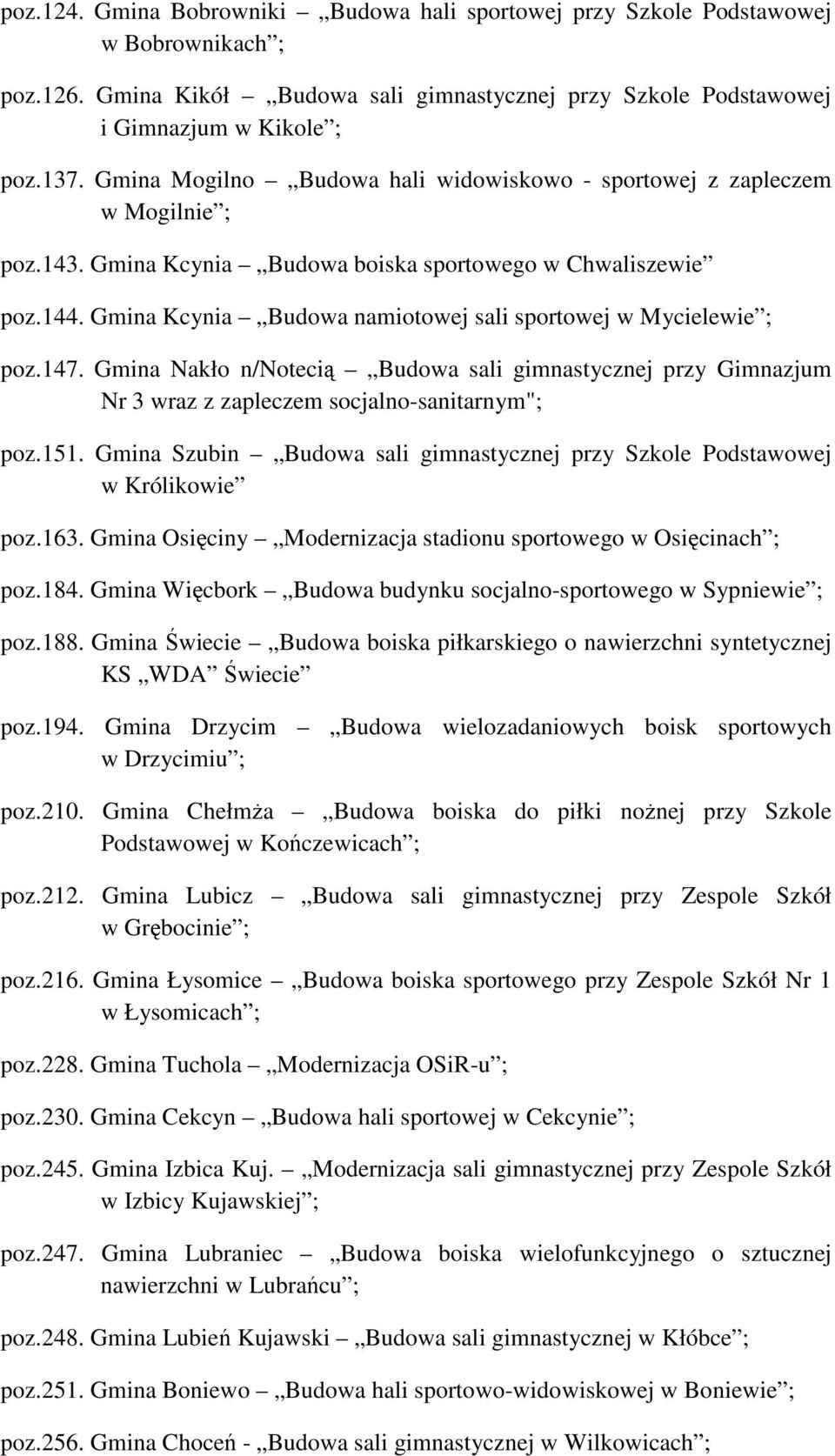 Gmina Kcynia Budowa namiotowej sali sportowej w Mycielewie ; poz.147. Gmina Nakło n/notecią Budowa sali gimnastycznej przy Gimnazjum Nr 3 wraz z zapleczem socjalno-sanitarnym"; poz.151.