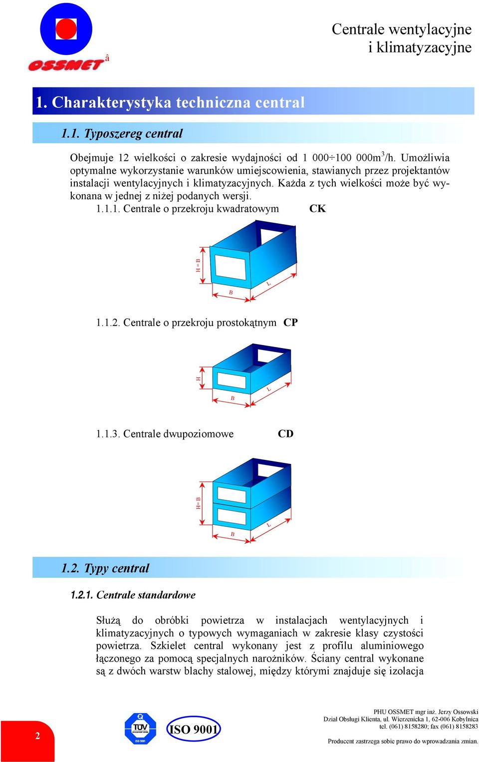 Każda z tych wielkości może być wykonana w jednej z niżej podanych wersji. 1.1.1. Centrale o przekroju kwadratowym CK 1.1.2. Centrale o przekroju prostokątnym CP H L B H= B H = B L B 1.1.3.