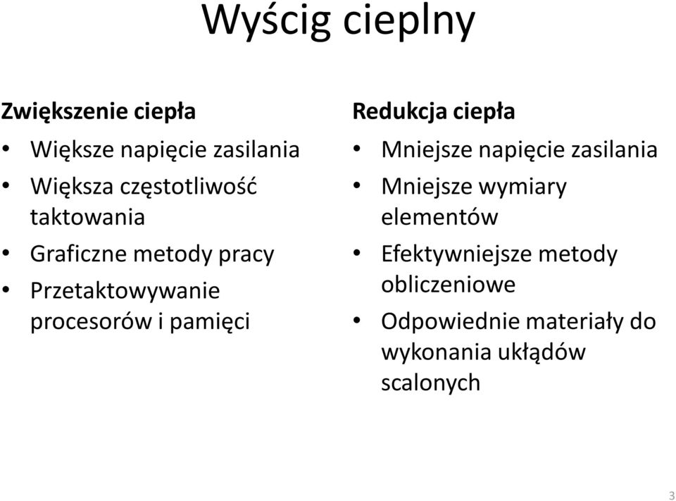 pamięci Redukcja ciepła Mniejsze napięcie zasilania Mniejsze wymiary elementów