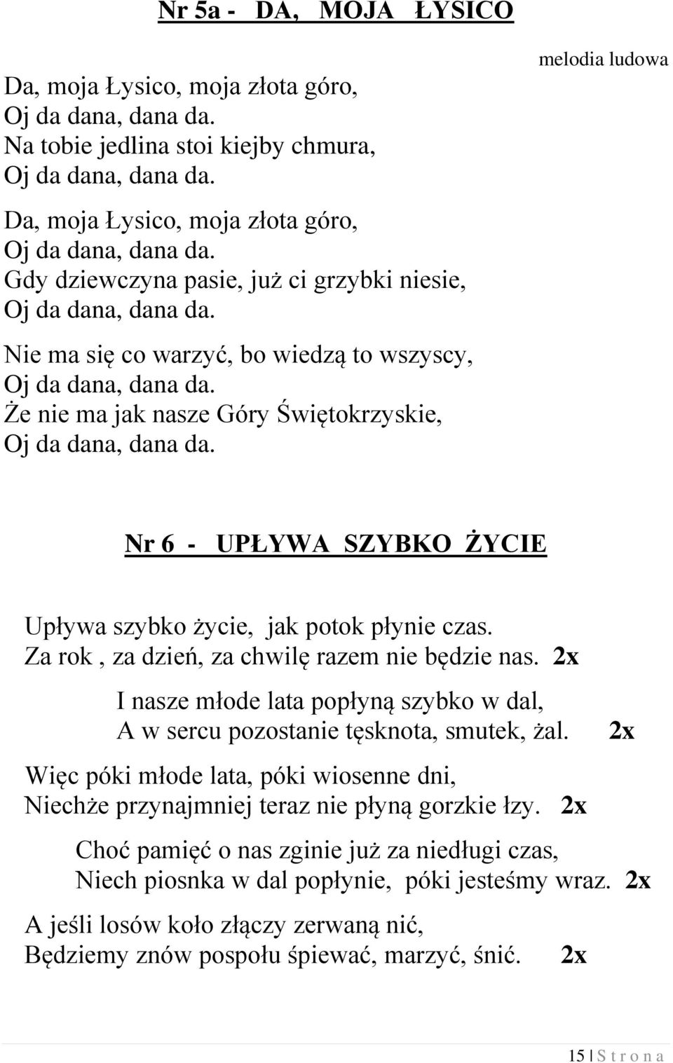 melodia ludowa Nr 6 - UPŁYWA SZYBKO ŻYCIE Upływa szybko życie, jak potok płynie czas. Za rok, za dzień, za chwilę razem nie będzie nas.