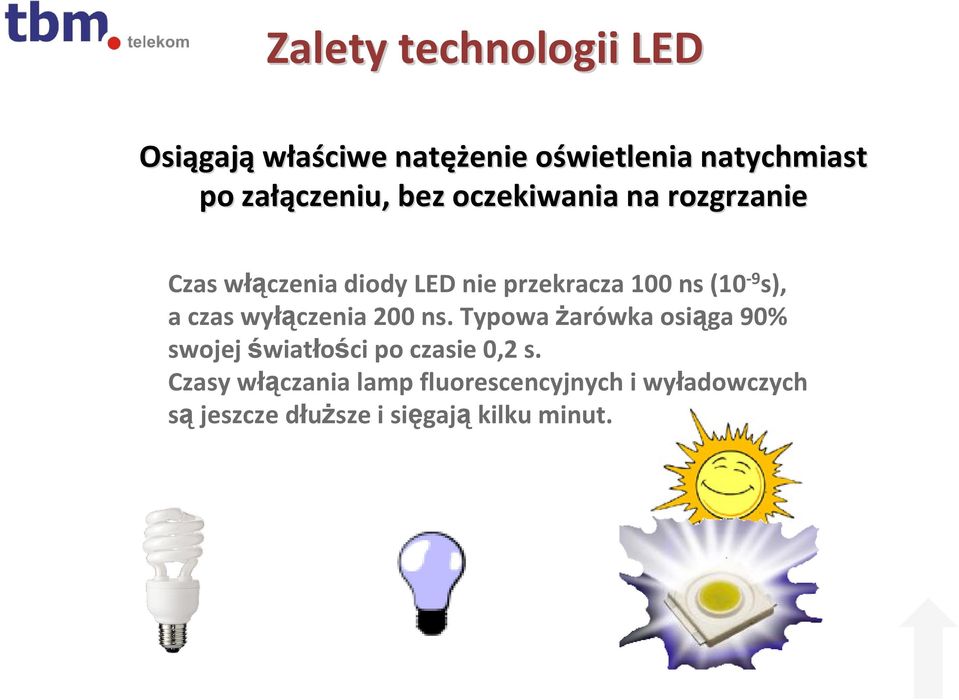 s), a czas wyłączenia 200 ns. Typowa żarówka osiąga 90% swojej światłości po czasie 0,2 s.