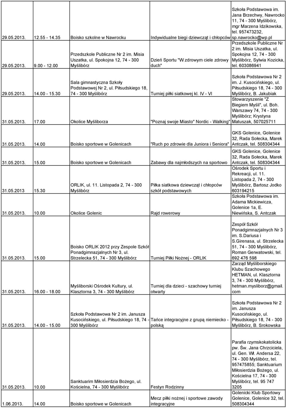 603086941 29.05.2013. 14.00-15.30 Podstawowej Nr 2, ul. Piłsudskiego 18, 74-300 Turniej piłki siatkowej kl. IV - VI 31.05.2013. 17.00 Okolice Myśliborza "Poznaj swoje Miasto" Nordic - Walking" 31.05.2013. 14.00 Boisko sportowe w Golenicach "Ruch po zdrowie dla Juniora i Seniora" 31.