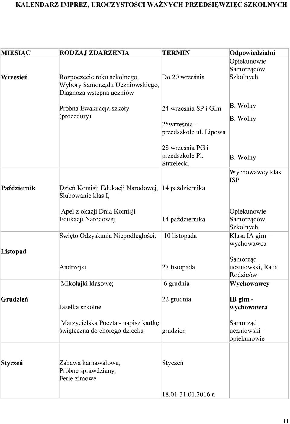 Wolny Październik Dzień Komisji Edukacji Narodowej, Ślubowanie klas I, 28 września PG i przedszkole Pl. Strzelecki 14 października B.