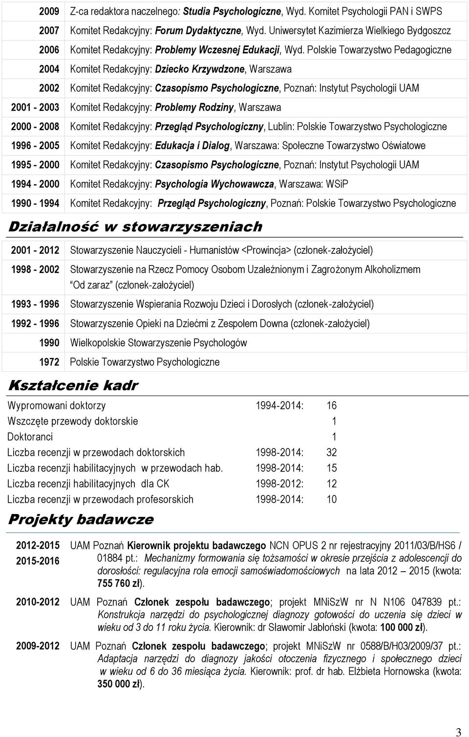 Polskie Towarzystwo Pedagogiczne 2004 Komitet Redakcyjny: Dziecko Krzywdzone, Warszawa 2002 Komitet Redakcyjny: Czasopismo Psychologiczne, Poznań: Instytut Psychologii UAM 2001-2003 Komitet