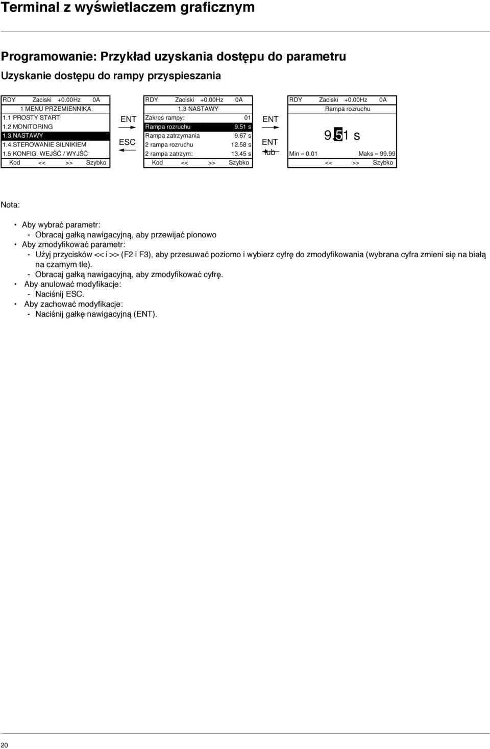 67 s 2 rampa rozruchu 12.58 s 2 rampa zatrzym: 13.45 s Kod << >> Szybko ENT ENT lub RDY Zaciski +0.00Hz 0A Rampa rozruchu 9.51 s Min = 0.01 Maks = 99.