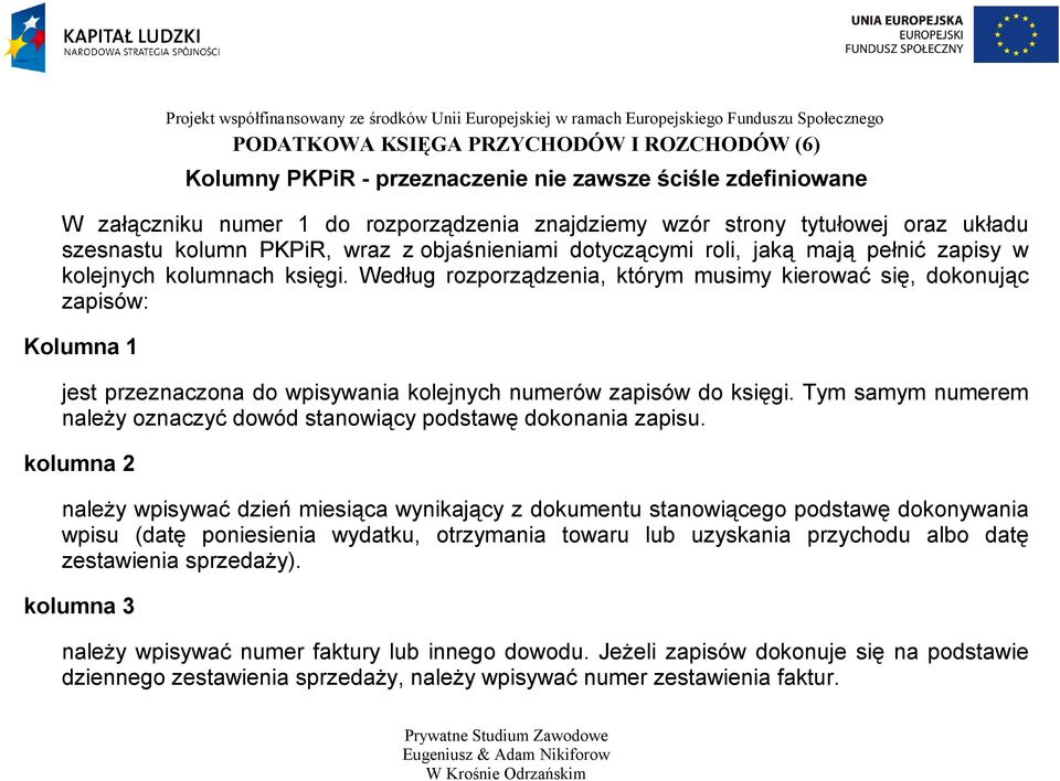 Według rozporządzenia, którym musimy kierować się, dokonując zapisów: Kolumna 1 jest przeznaczona do wpisywania kolejnych numerów zapisów do księgi.