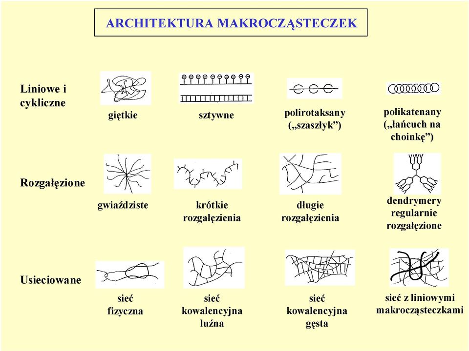 rozgałęzienia długie rozgałęzienia dendrymery regularnie rozgałęzione Usieciowane