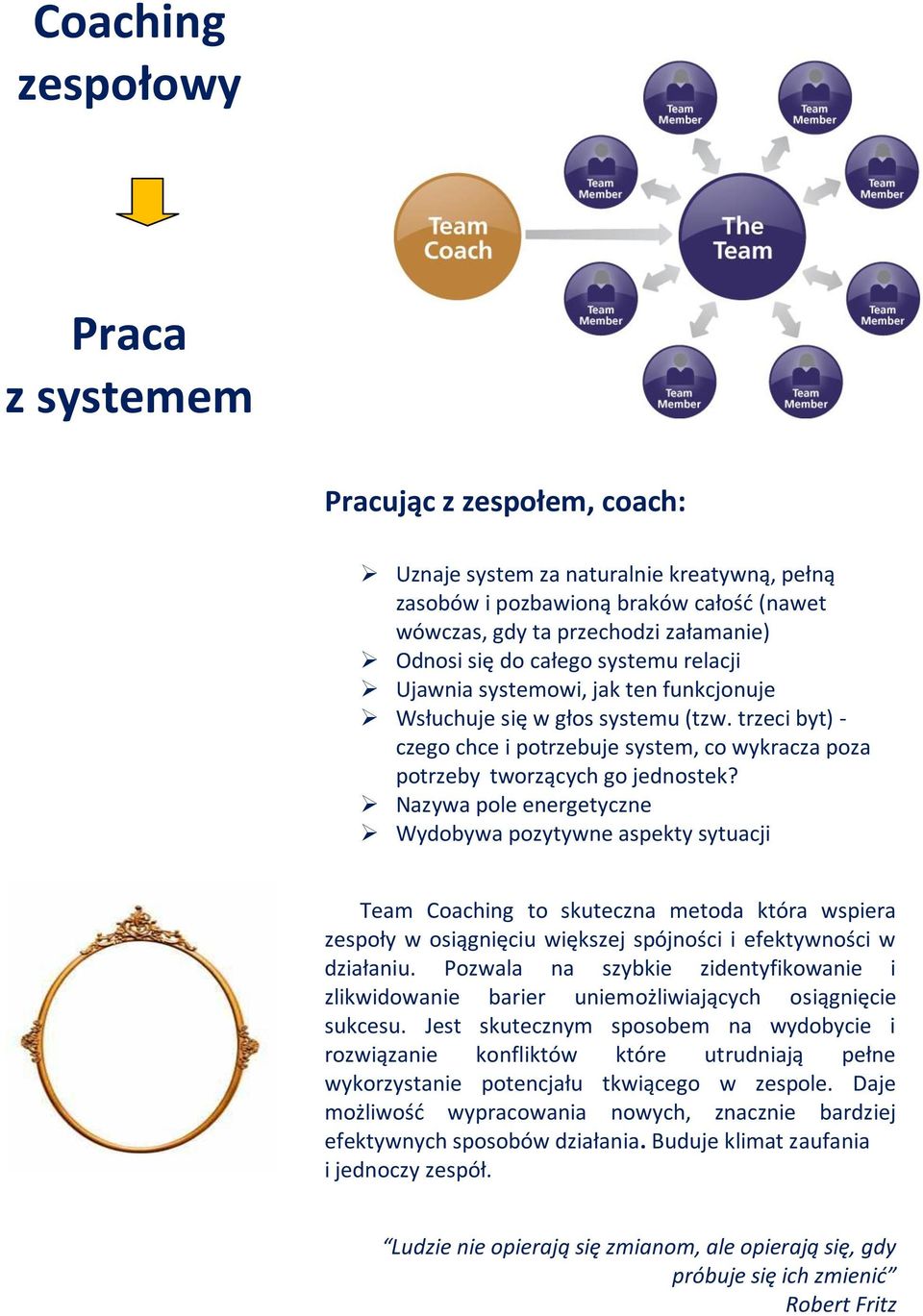 Nazywa pole energetyczne Wydobywa pozytywne aspekty sytuacji Team Coaching to skuteczna metoda która wspiera zespoły w osiągnięciu większej spójności i efektywności w działaniu.