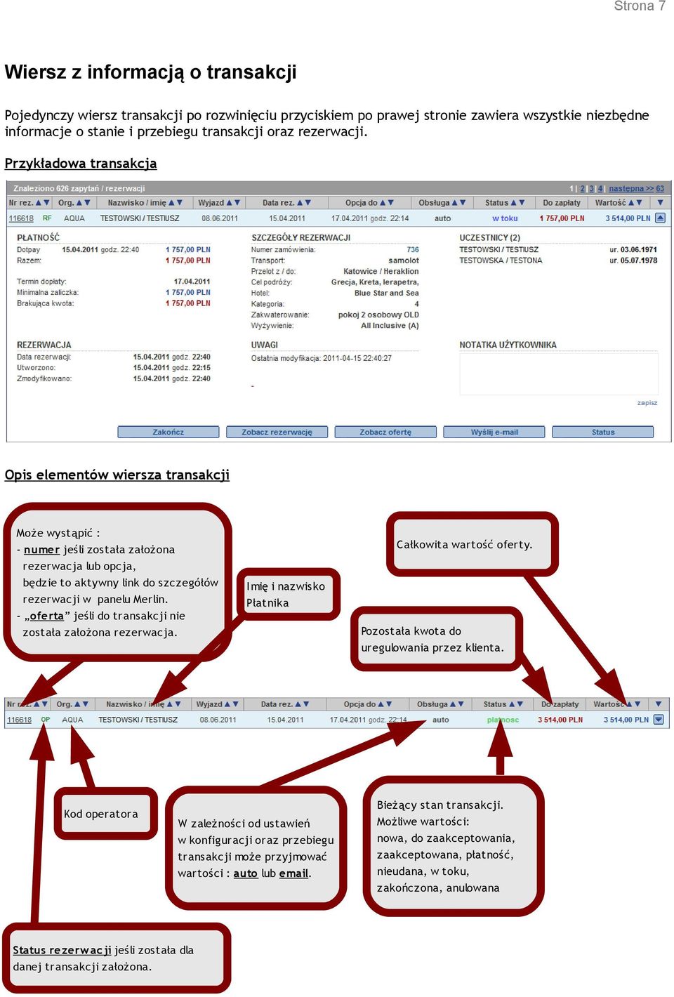 Przykładowa transakcja Opis elementów wiersza transakcji Może wystąpić : - numer jeśli została założona rezerwacja lub opcja, będzie to aktywny link do szczegółów rezerwacji w panelu Merlin.