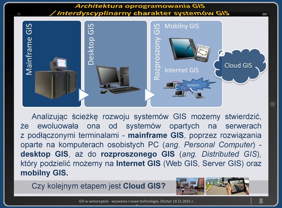 poprzez rozwiązania oparte na komputerach osobistych PC (ang. Personal Computer) - desktop GIS, aż do rozproszonego GIS (ang.