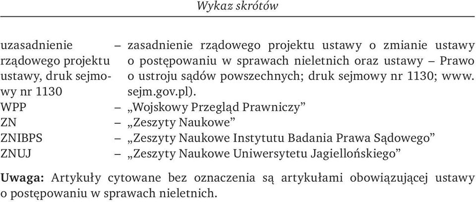 WPP Wojskowy Przegląd Prawniczy ZN Zeszyty Naukowe ZNIBPS Zeszyty Naukowe Instytutu Badania Prawa Sądowego ZNUJ Zeszyty Naukowe