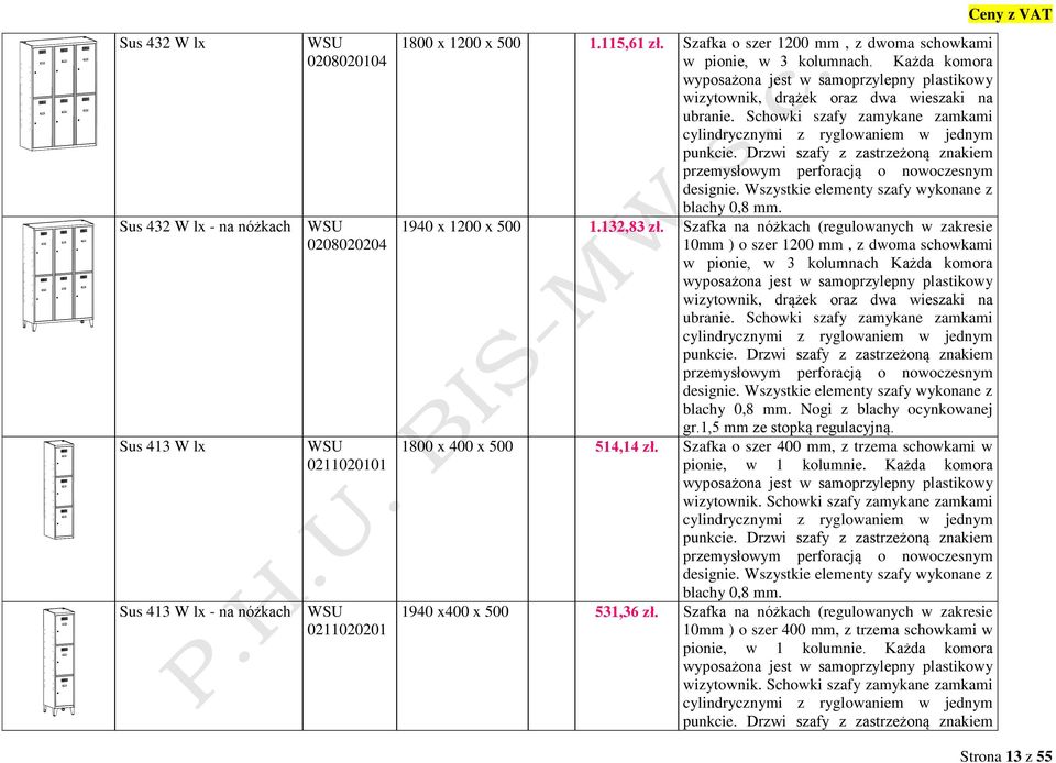 Szafka na nóżkach (regulowanych w zakresie 0mm ) o szer 200 mm, z dwoma schowkami w pionie, w 3 kolumnach Każda komora wizytownik, drążek oraz dwa wieszaki na ubranie. blachy 0,8 mm.