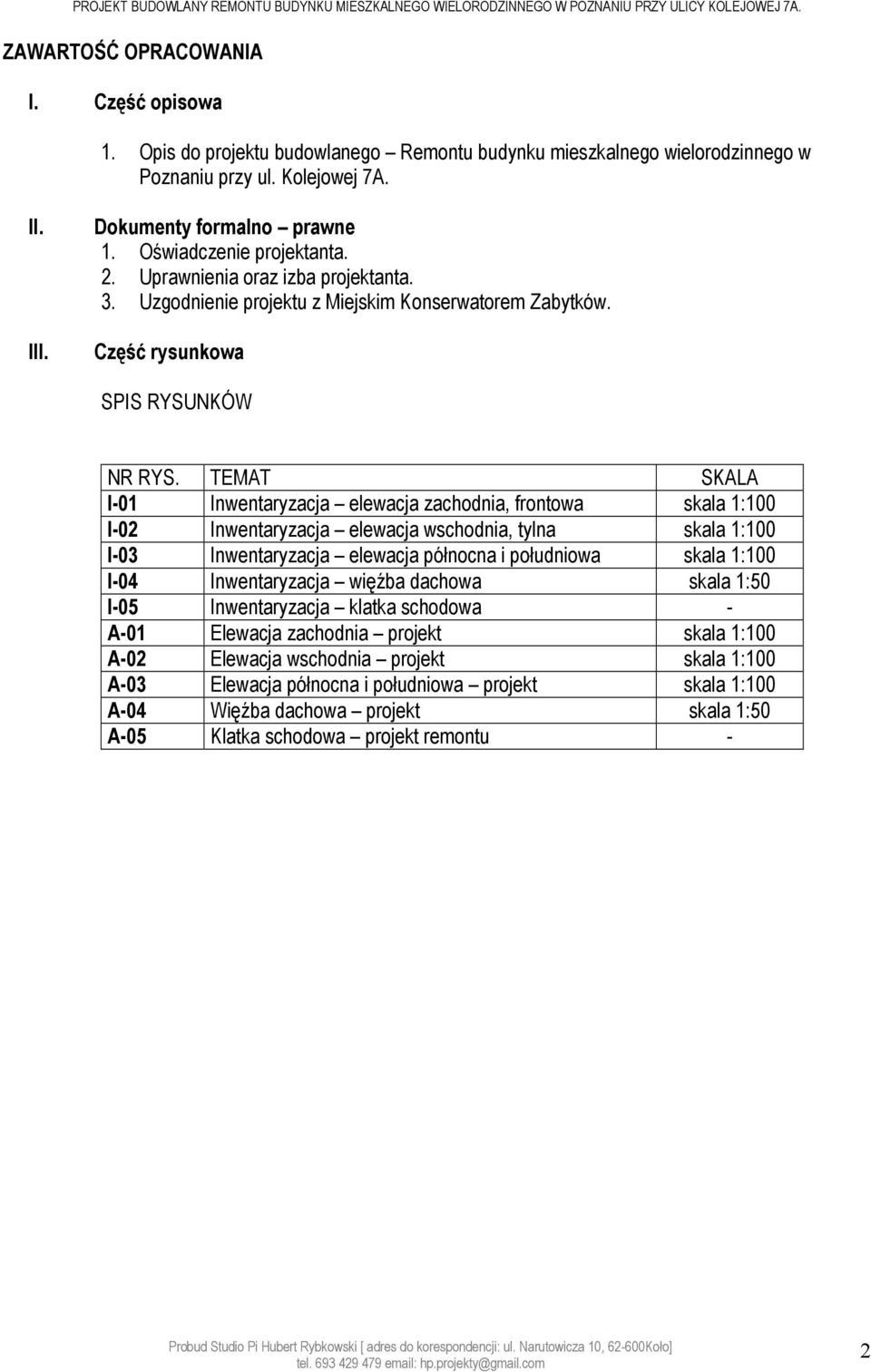 TEMAT SKALA I-01 Inwentaryzacja elewacja zachodnia, frontowa skala 1:100 I-02 Inwentaryzacja elewacja wschodnia, tylna skala 1:100 I-03 Inwentaryzacja elewacja północna i południowa skala 1:100 I-04