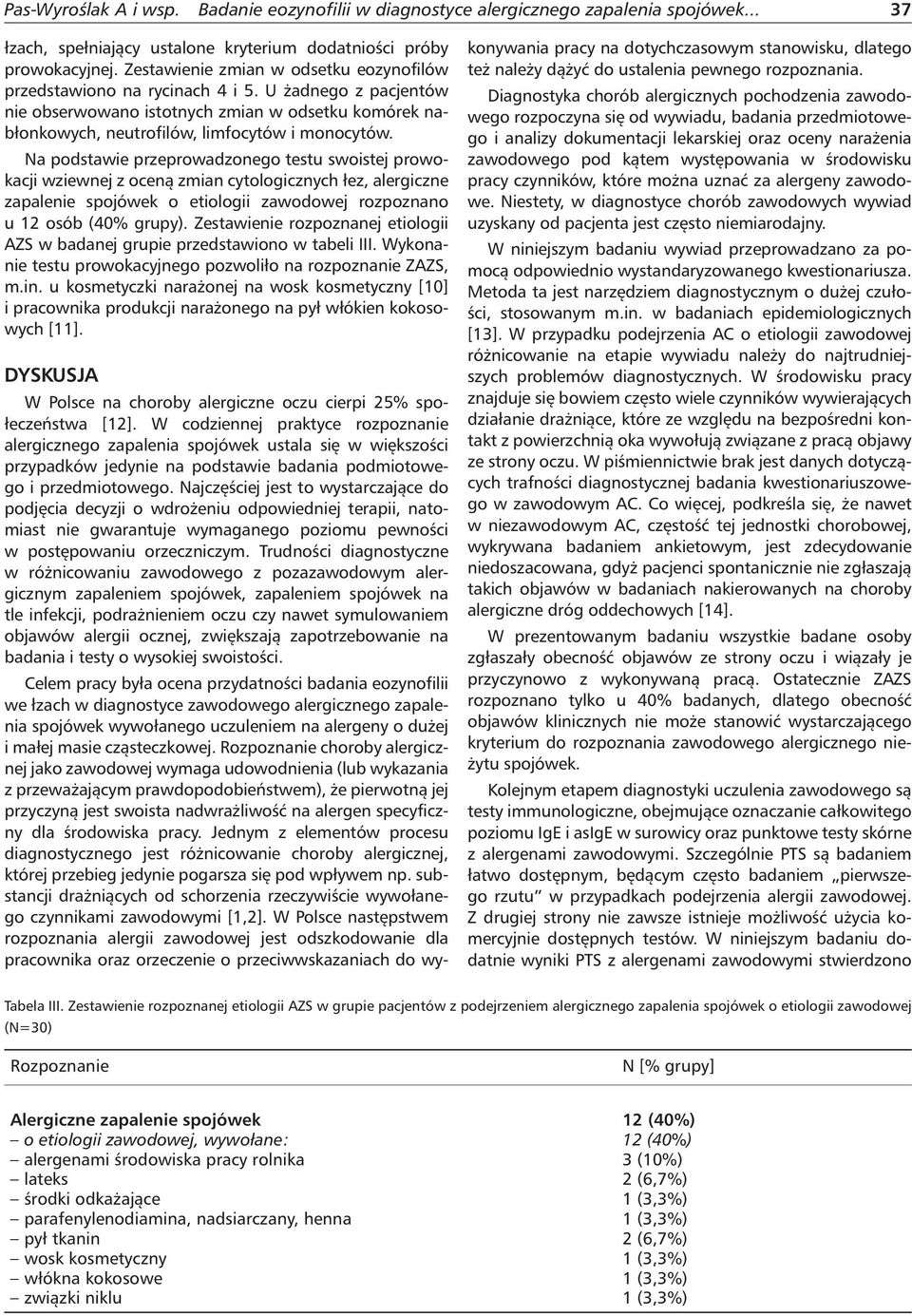 Na podstawie przeprowadzonego testu swoistej prowokacji wziewnej z oceną zmian cytologicznych łez, alergiczne zapalenie spojówek o etiologii zawodowej rozpoznano u osób (4% grupy).