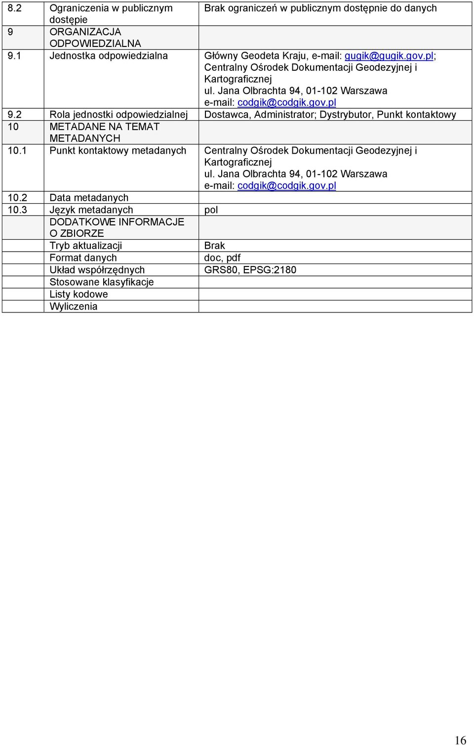 2 Rola jednostki odpowiedzialnej Dostawca, Administrator; Dystrybutor, Punkt kontaktowy 10 METADANE NA TEMAT METADANYCH 10.