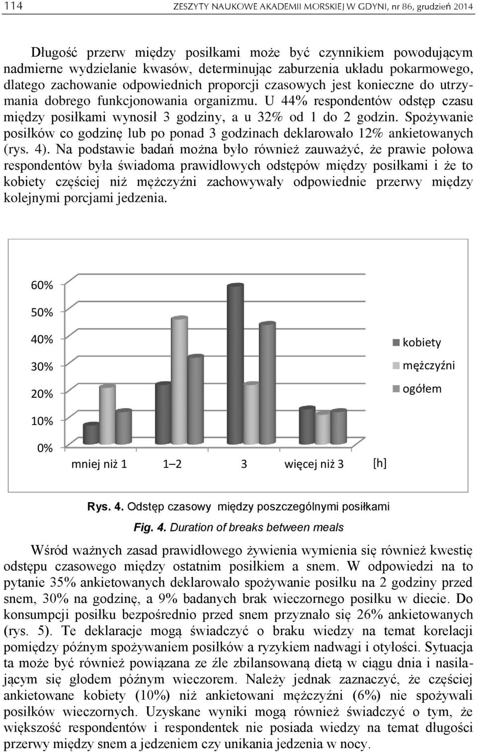 U 44% respondentów odstęp czasu między posiłkami wynosił 3 godziny, a u 32% od 1 do 2 godzin. Spożywanie posiłków co godzinę lub po ponad 3 godzinach deklarowało 12% ankietowanych (rys. 4).