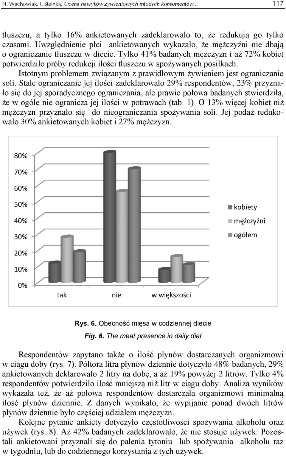 Tylko 41% badanych mężczyzn i aż 72% kobiet potwierdziło próby redukcji ilości tłuszczu w spożywanych posiłkach. Istotnym problemem związanym z prawidłowym żywieniem jest ograniczanie soli.