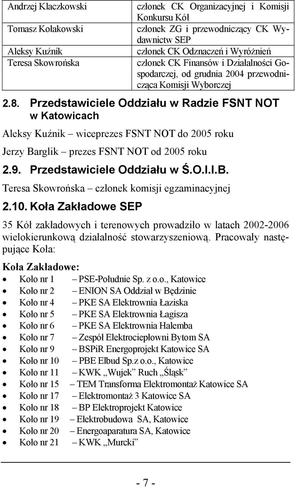 Przedstawiciele Oddziału w Radzie FSNT NOT w Katowicach Aleksy Kuźnik wiceprezes FSNT NOT do 2005 roku Jerzy Barglik prezes FSNT NOT od 2005 roku 2.9. Przedstawiciele Oddziału w Ś.O.I.I.B. Teresa Skowrońska członek komisji egzaminacyjnej 2.