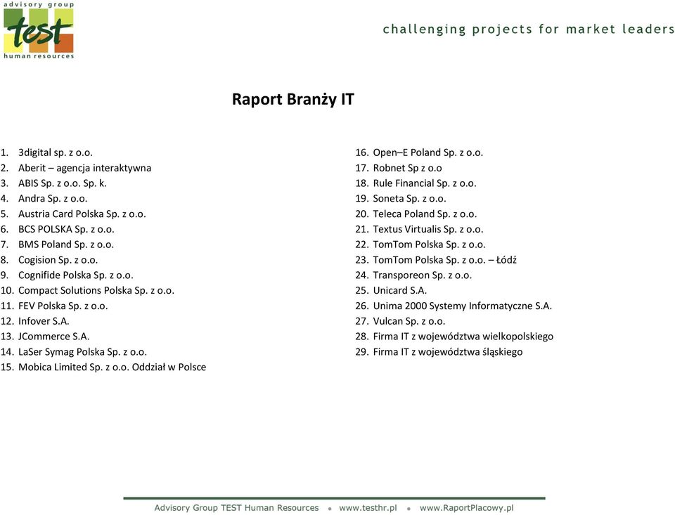 Mobica Limited Sp. z o.o. Oddział w Polsce 16. Open E Poland Sp. z o.o. 17. Robnet Sp z o.o 18. Rule Financial Sp. z o.o. 19. Soneta Sp. z o.o. 20. Teleca Poland Sp. z o.o. 21. Textus Virtualis Sp.