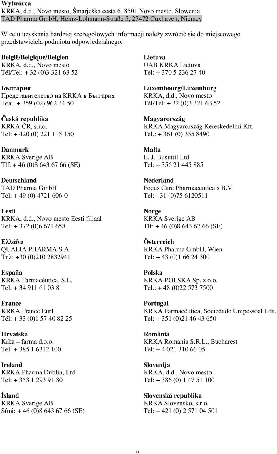 miejscowego przedstawiciela podmiotu odpowiedzialnego: België/Belgique/Belgien KRKA, d.d., Novo mesto Tél/Tel: + 32 (0)3 321 63 52 България Представителство на KRKA в България Teл.