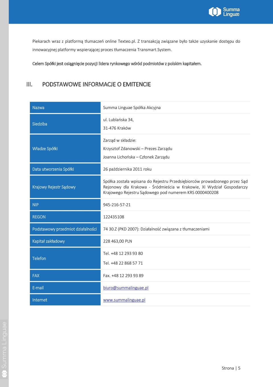 PODSTAWOWE INFORMACJE O EMITENCIE Nazwa Siedziba Władze Spółki Data utworzenia Spółki Krajowy Rejestr Sądowy Summa Linguae Spółka Akcyjna ul.