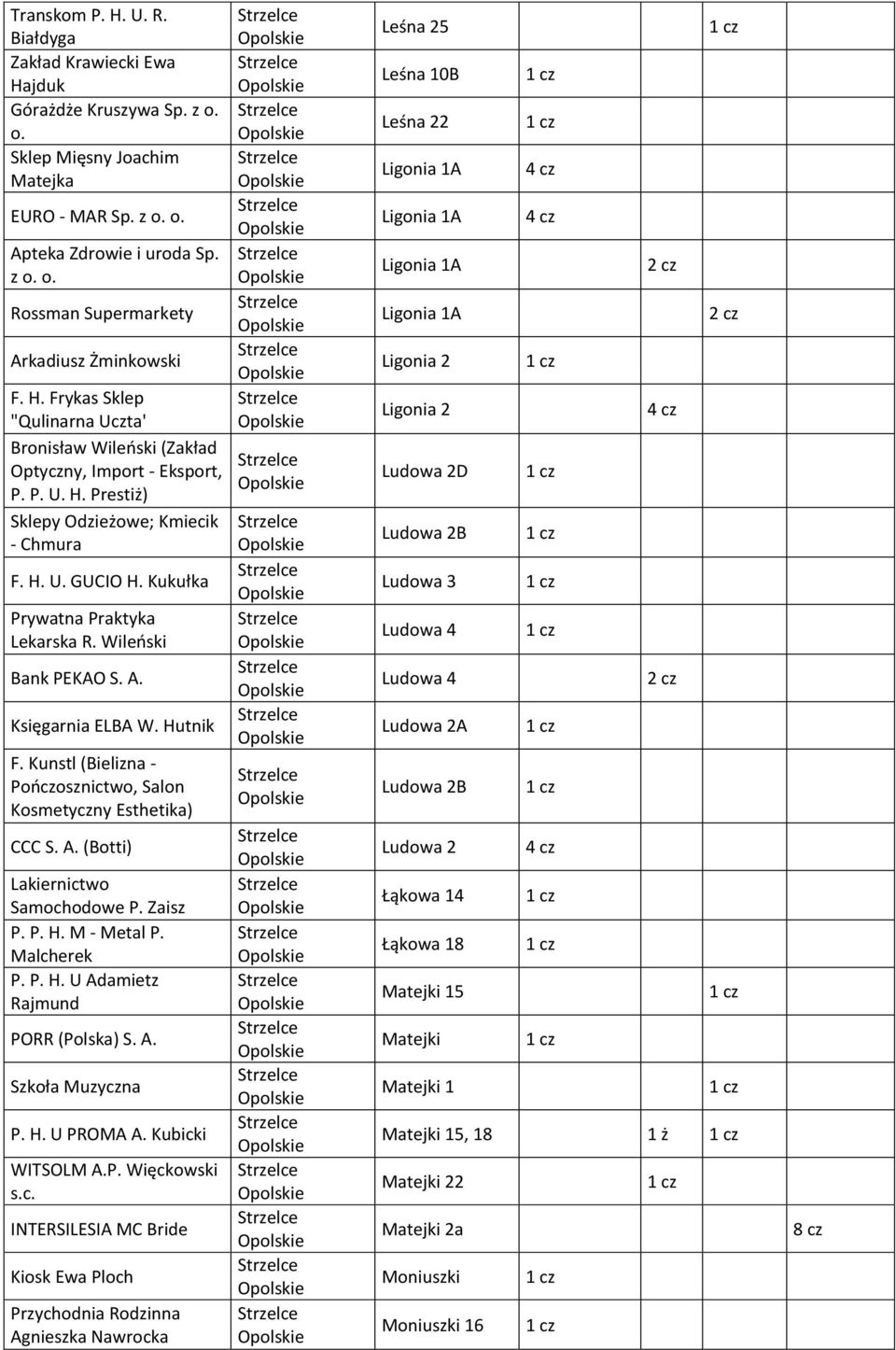 Wileński Bank PEKAO S. A. Księgarnia ELBA W. Hutnik F. Kunstl (Bielizna - Pończosznictwo, Salon Kosmetyczny Esthetika) CCC S. A. (Botti) Lakiernictwo Samochodowe P. Zaisz P. P. H. M - Metal P.