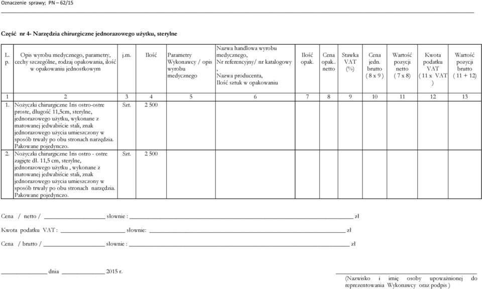 2 500 proste, długość 11,5cm, sterylne, jednorazowego użytku, wykonane z matowanej jedwabiście stali, znak jednorazowego użycia umieszczony w sposób trwały po obu stronach narzędzia.