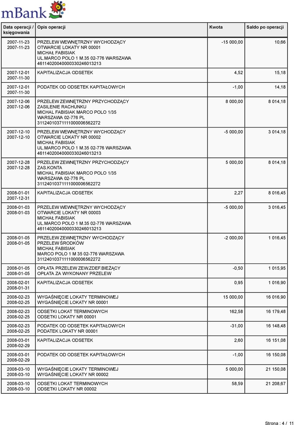 KONTA WARSZAWA 02-776 PL 8 000,00 8 014,18-5 000,00 3 014,18 5 000,00 8 014,18 2008-01-01 2007-12-31 KAPITALIZACJA ODSETEK 2,27 8 016,45 2008-01-03 2008-01-03 2008-01-05 2008-01-05 2008-01-05