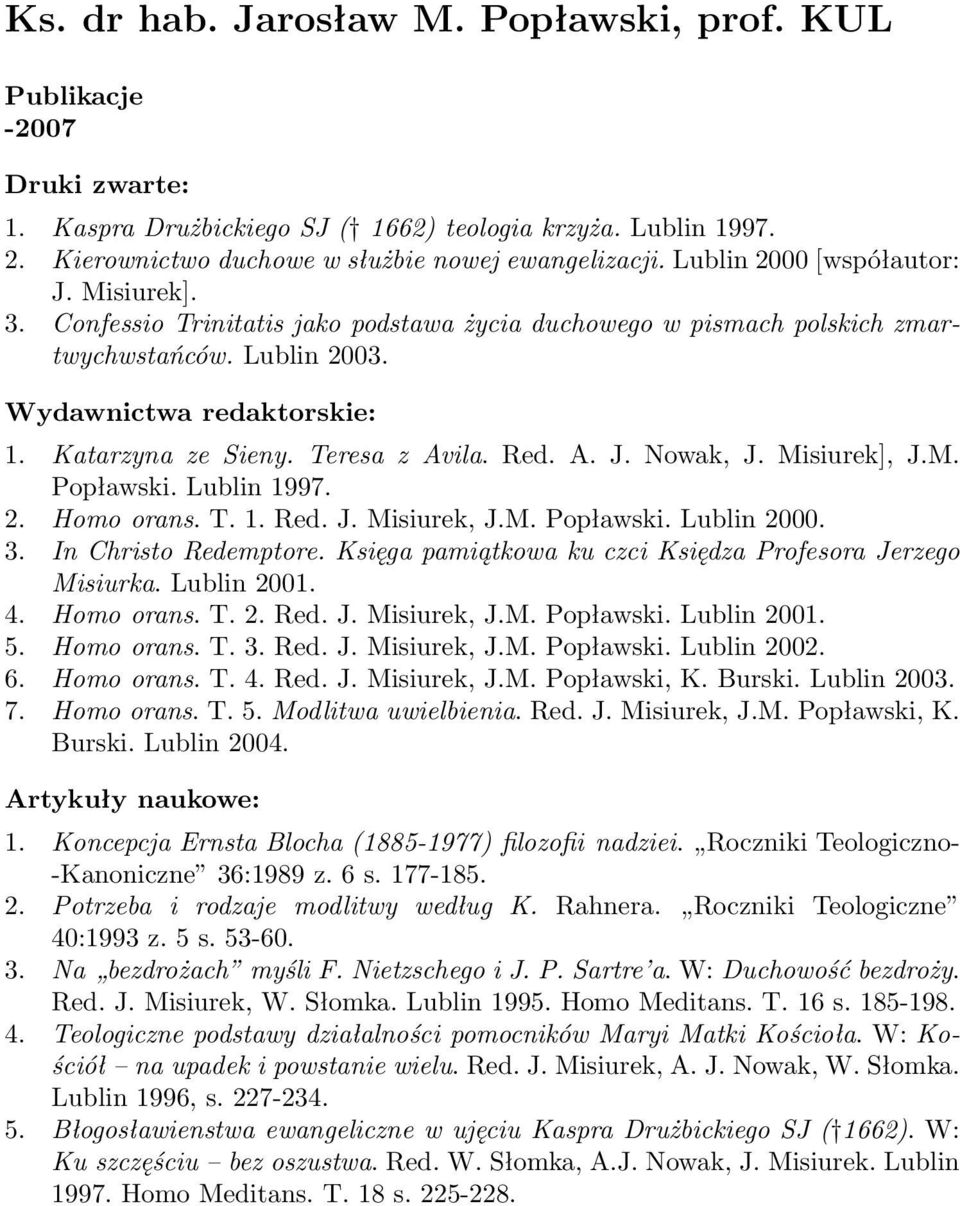 Teresa z Avila. Red. A. J. Nowak, J. Misiurek], J.M. Popławski. Lublin 1997. 2. Homo orans. T. 1. Red. J. Misiurek, J.M. Popławski. Lublin 2000. 3. In Christo Redemptore.