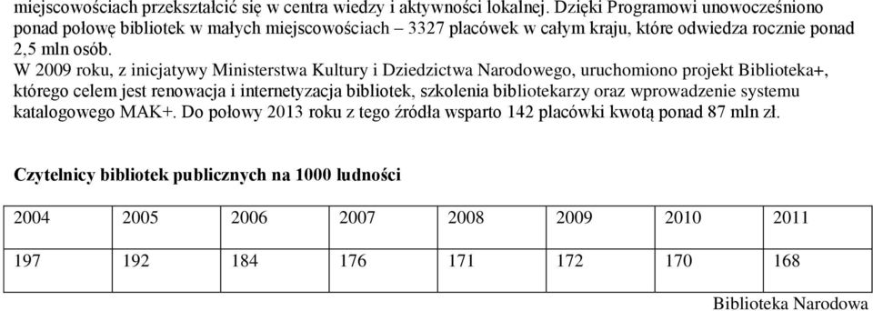 W 2009 roku, z inicjatywy Ministerstwa Kultury i Dziedzictwa Narodowego, uruchomiono projekt Biblioteka+, którego celem jest renowacja i internetyzacja bibliotek,