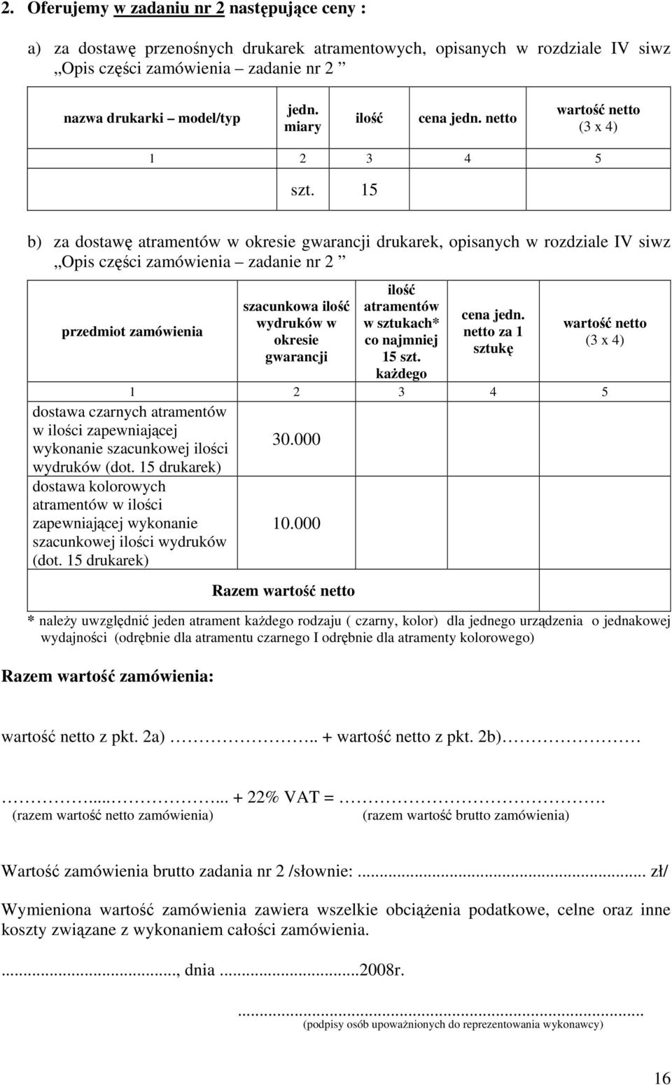 15 b) za dostawę atramentów w okresie gwarancji drukarek, opisanych w rozdziale IV siwz Opis części zamówienia zadanie nr 2 przedmiot zamówienia szacunkowa ilość wydruków w okresie gwarancji ilość