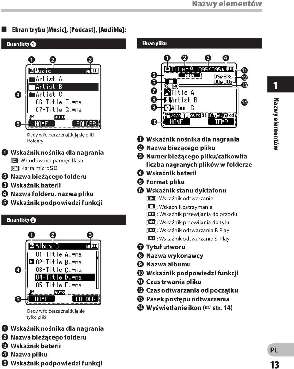 nośnika dla nagrania 2 Nazwa bieżącego folderu 3 Wskaźnik baterii 4 Nazwa pliku 5 Wskaźnik podpowiedzi funkcji Ekran pliku 5 6 7 8 9 0 1 2 3 4!
