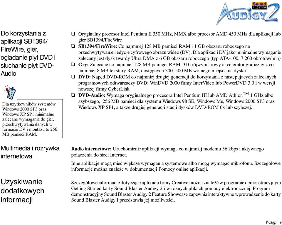 Multimedia i rozrywka internetowa Uzyskiwanie dodatkowych informacji Oryginalny procesor Intel Pentium II 350 MHz, MMX albo procesor AMD 450 MHz dla aplikacji lub gier SB1394/FireWire