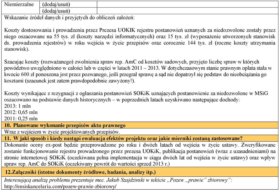 prowadzenia rejestrów) w roku wejścia w życie przepisów oraz corocznie 144 tys. zł (roczne koszty utrzymania stanowisk). Szacując koszty (rozważanego) zwolnienia spraw rep.