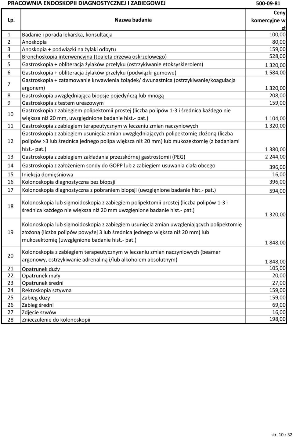 gumowe) 1584,00 7 Gastroskopia + zatamowanie krwawienia żołądek/ dwunastnica (ostrzykiwanie/koagulacja argonem) 1320,00 8 Gastroskopia uwzględniająca biopsje pojedyńczą lub mnogą 208,00 9