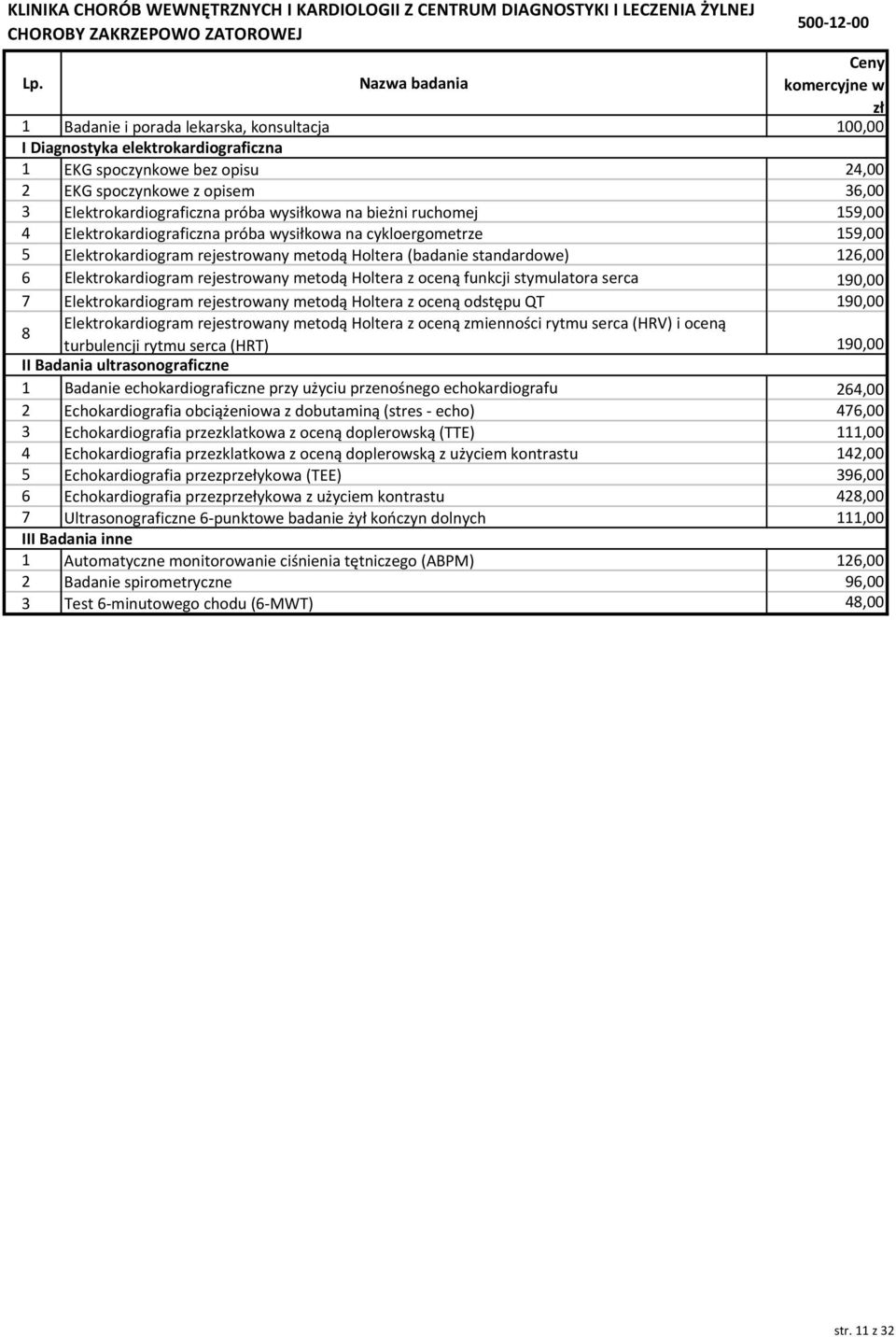 na cykloergometrze 159,00 5 Elektrokardiogram rejestrowany metodą Holtera (badanie standardowe) 126,00 6 Elektrokardiogram rejestrowany metodą Holtera z oceną funkcji stymulatora serca 190,00 7