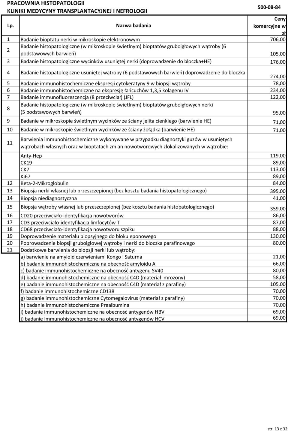 (6 podstawowych barwień) doprowadzenie do bloczka 274,00 5 Badanie immunohistochemiczne ekspresji cytokeratyny 9 w biopsji wątroby 78,00 6 Badanie immunohistochemiczne na ekspresję łańcuchów 1,3,5